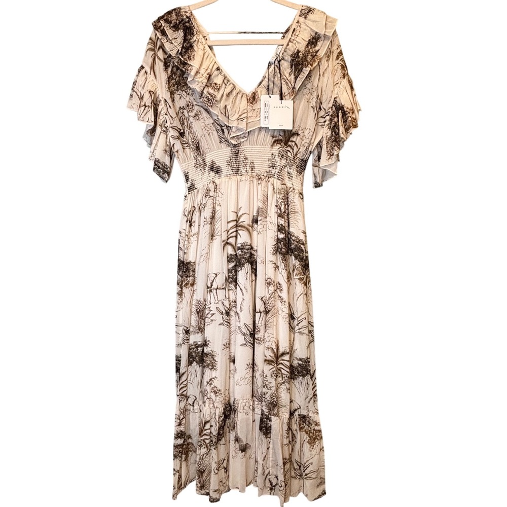 NWT Sandro Paris Natural Marro Ruffled Printed Gauze Midi Boho Dress Size 36/4 - Picture 4 of 8